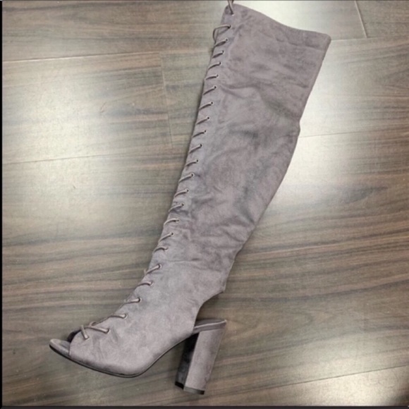 BETANI Gray Over The Knee Peep Toe Heeled Boots - Picture 4 of 4